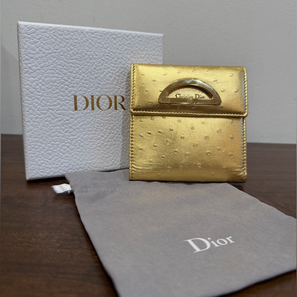 💛EUC💛 Christian Dior Compact Wallet - Gold Vintage Ostrich Embossed